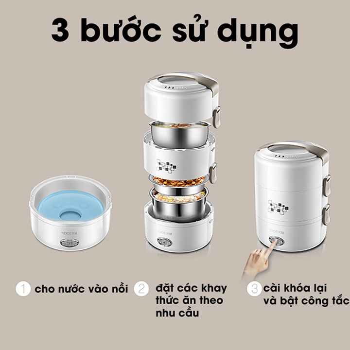 Hộp cơm hâm nóng, nấu chín cơm thức ăn 3n2L-DHF16 (tặng kèm 1 túi đựng ngoài và 1 miếng cọ rửa)