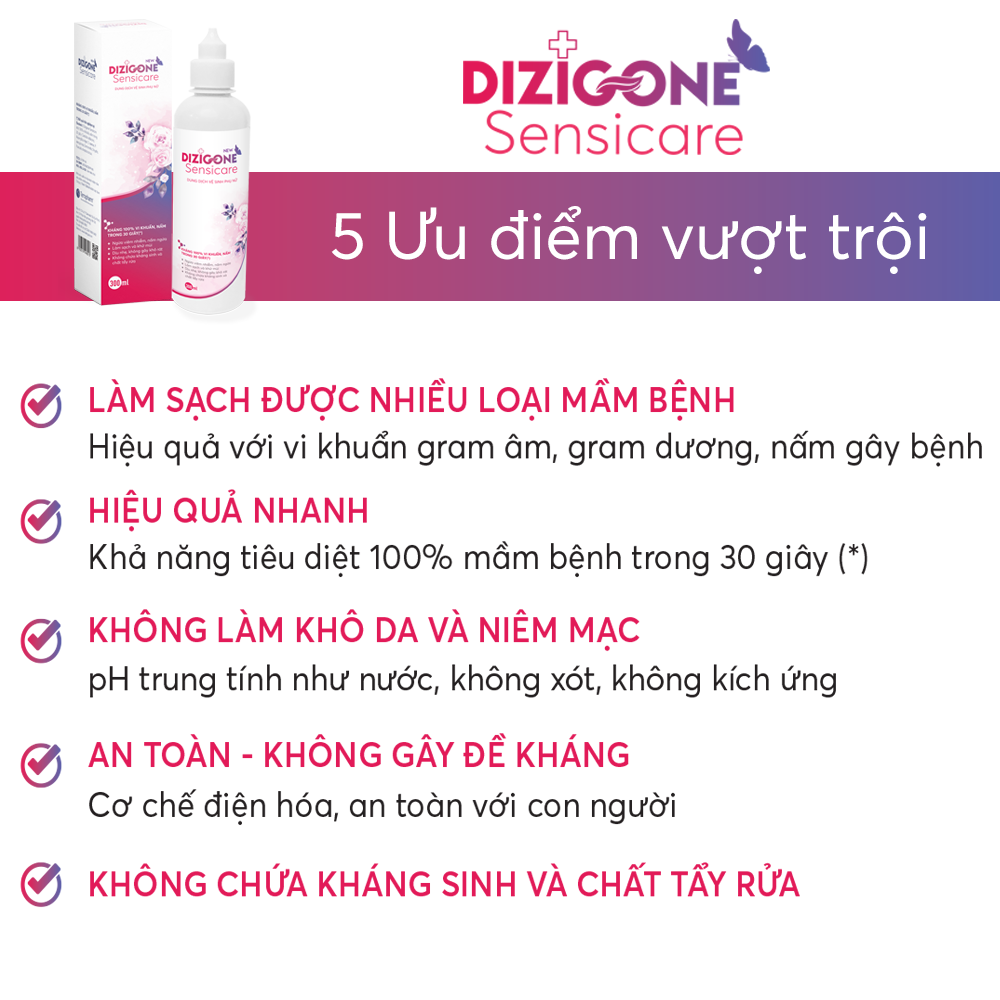 Dung dịch vệ sinh phụ nữ DIZIGONE Sensicare 300ml: Giảm nấm ngứa, hết khí hư, khử mùi hôi