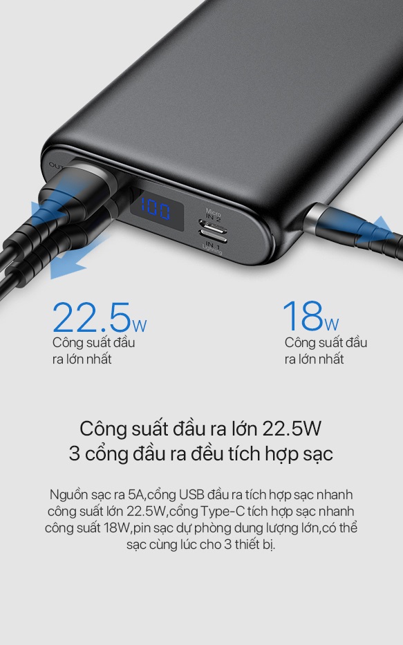 [[ KÈM VIDEO - Chỉ 30p sạc 50% pin iPhone X ]] - Pin sạc dự phòng 20000mAh 3 cổng USB Vivan | 22.5W - 5A cổng Type C Sạc nhanh QC 3.0 Power Delivery PD - VPB-H20S - Hàng Chính Hãng