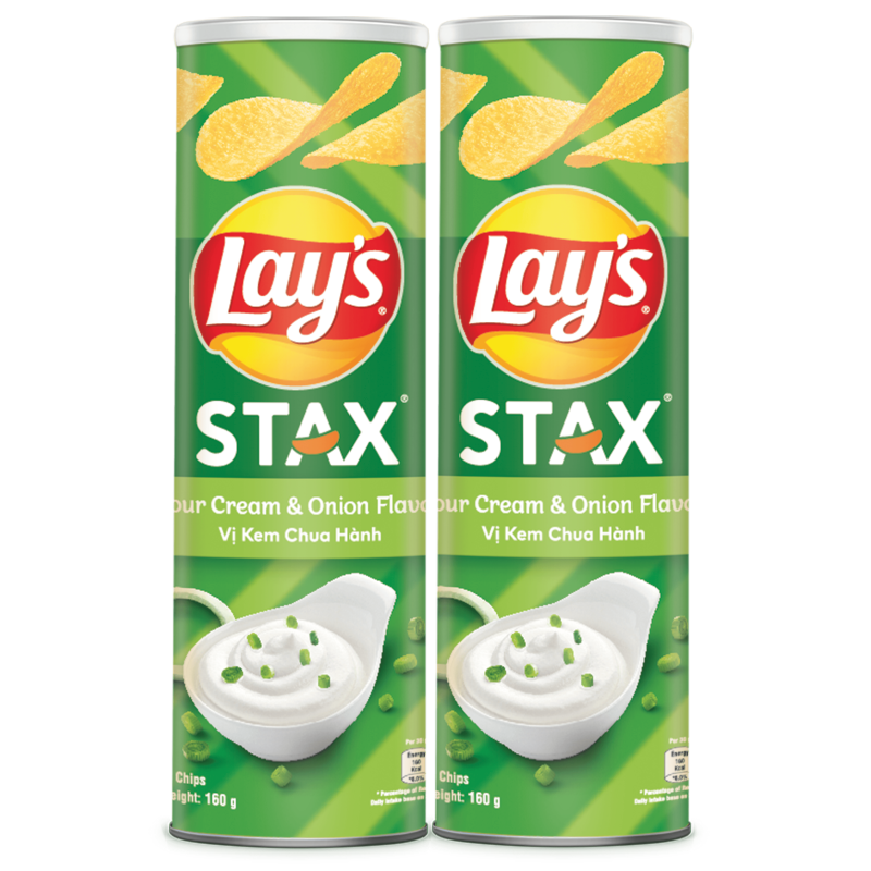 Combo 2 Bánh Snack Khoai Tây Ống Lay's Stax Vị Kem Chua Hành 160g (Size lớn) - Nhập khẩu từ Malaysia