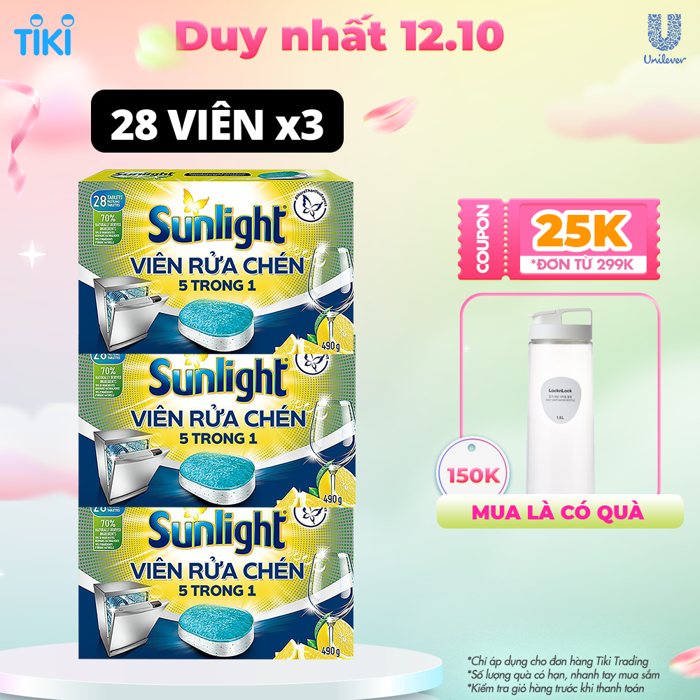 Combo 3 Hộp Viên Rửa Chén Bát Sunlight 5 in 1 Cho Máy Rửa Chén Bát (28V/Hộp)