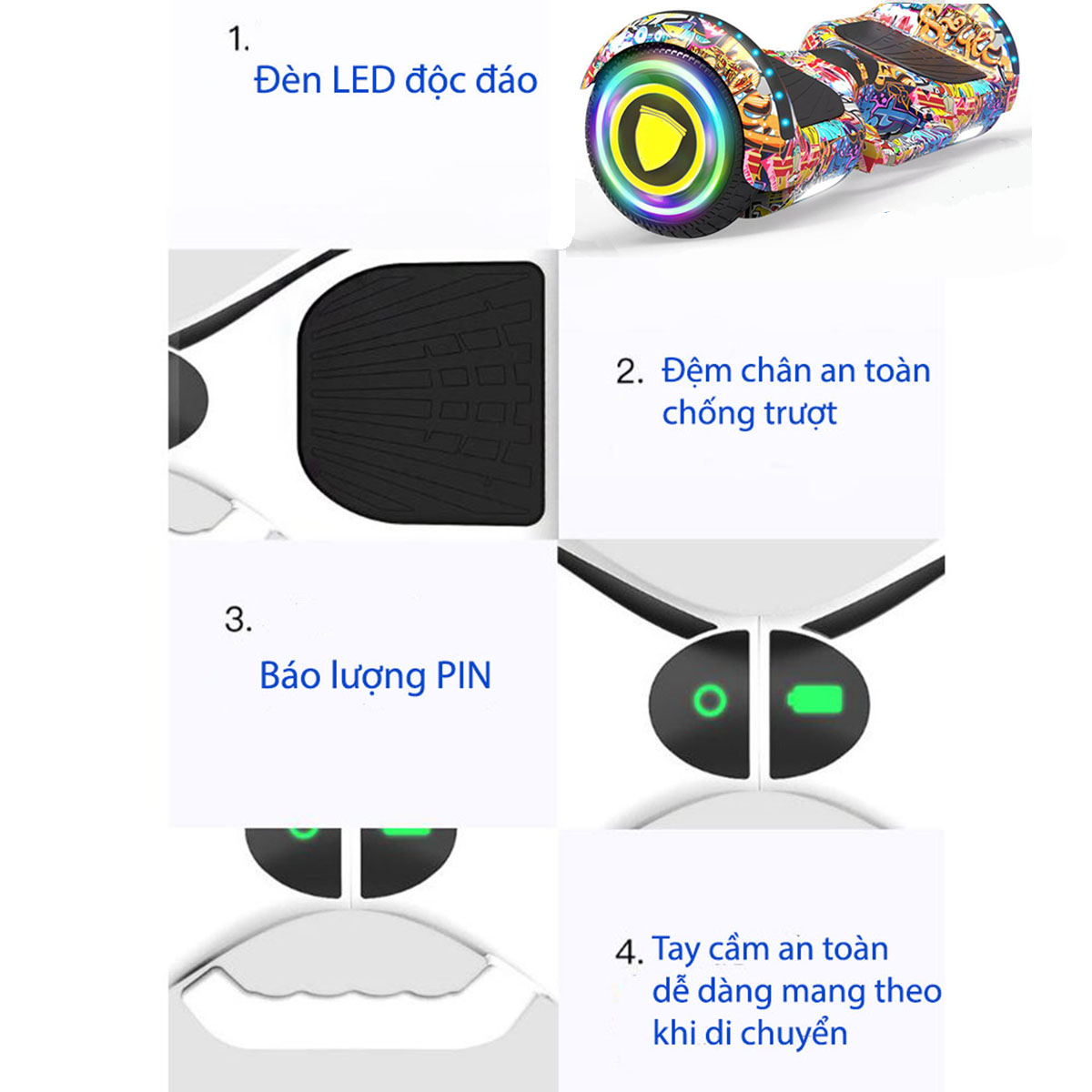Xe Điện Cân Bằng Mẫu Mới Bánh 6.5 Inch - Tự Cân Bằng Tích Hợp Đèn LED, Nhạc Bluetooth - Hàng Chính Hãng.