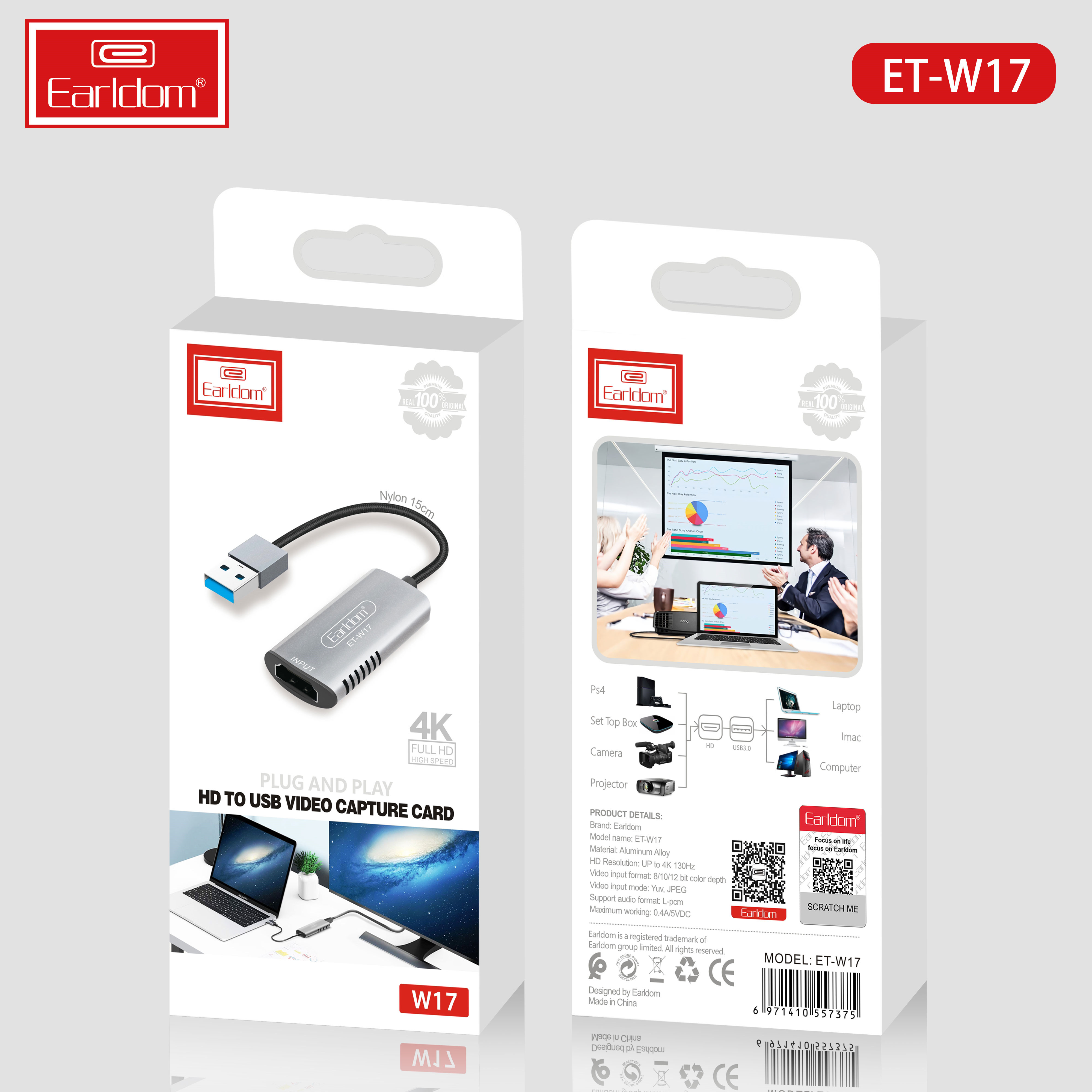 Cáp HDMI to USB 3.0 Video Capture Earldom ET-W17 - Hỗ Trợ Live Stream, Ghi Hình Từ Điện Thoại, Camera, PS4, XBOX - Hàng Chính Hãng