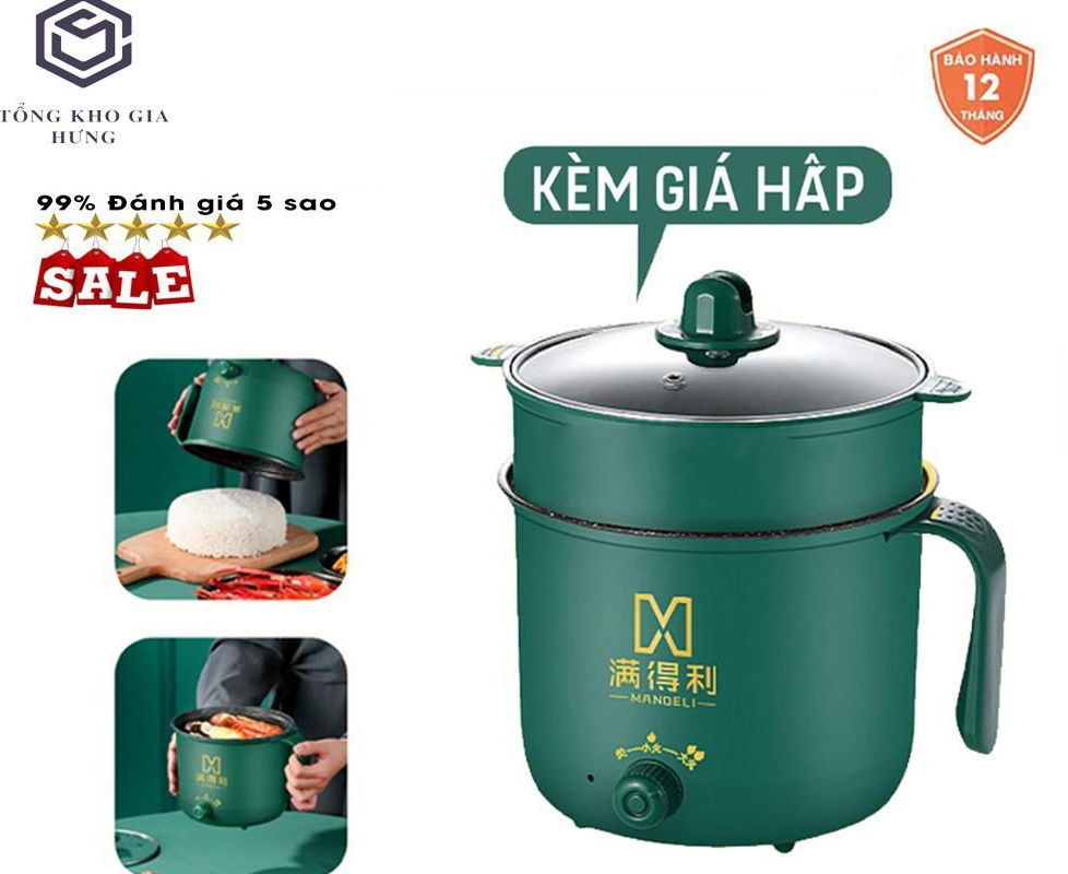 Nồi Lẩu Mini, Ca Nấu Mì Nấu Cơm Đa Năng Có Tay Cầm 1,8L - Nồi Lẩu Điện 2 Nấc Nhiệt Kèm Giá Hấp Siêu Hot (Xửng hấp= nhựa)