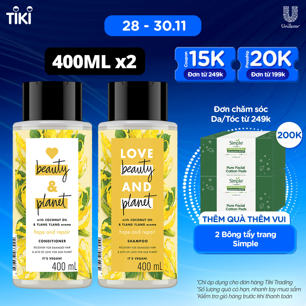 Combo Dầu Gội Dầu Xả Love Beauty &amp; Planet Phục Hồi Chẻ Ngọn Hope &amp; Repair 100% Dầu Dừa Organic Hương Ngọc Lan Tây 400ML