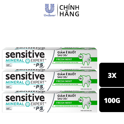 Bộ 3 Hộp Kem Đánh Răng P/S Giảm Ê Buốt Sau 30 Giây Sensitive Mineral Expert Fresh Mint Với Tác Động Từ Khoáng 100G