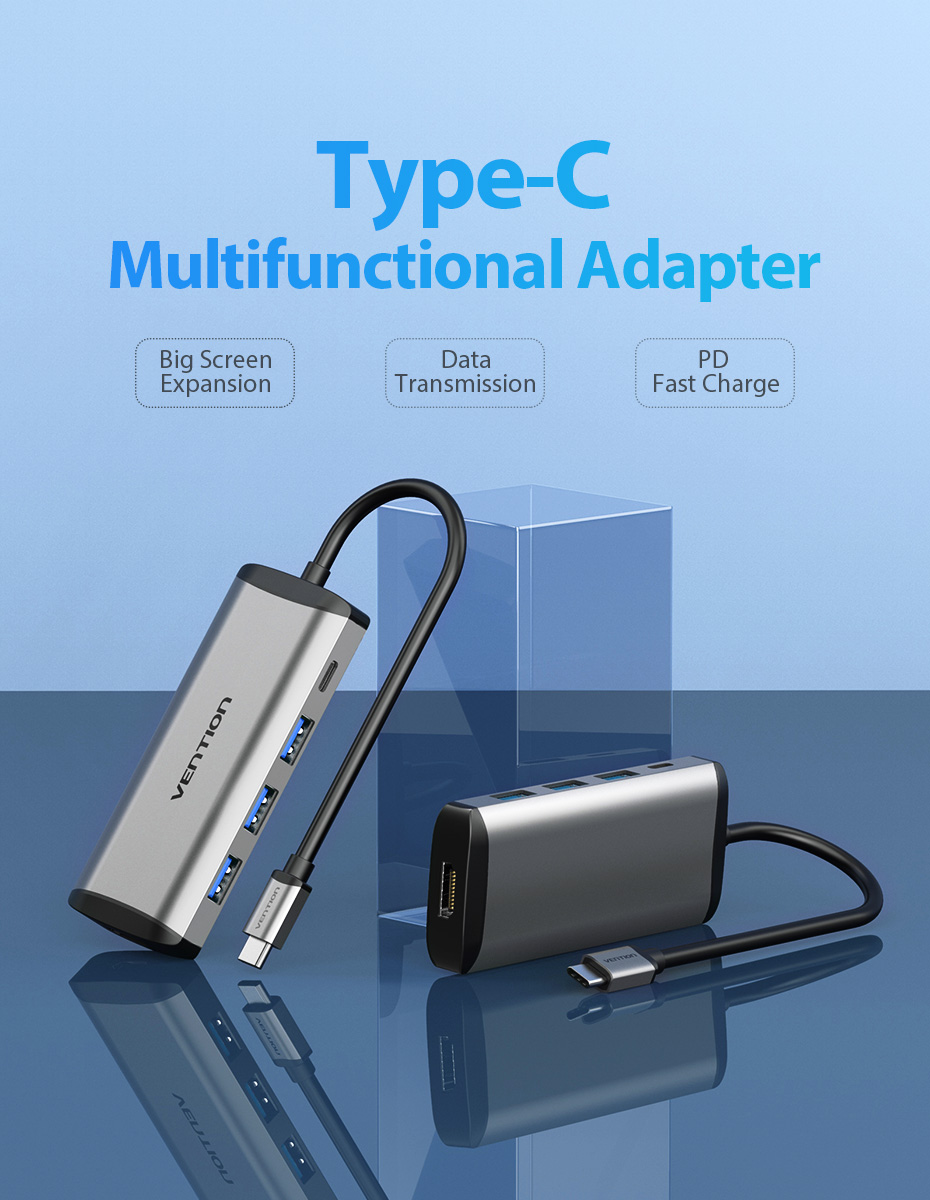 Cáp chuyển đổi Type-C sang HDMI + 3 cổng USB 3.0 + Type-C PD  Vention CNBHB - hàng chính hãng