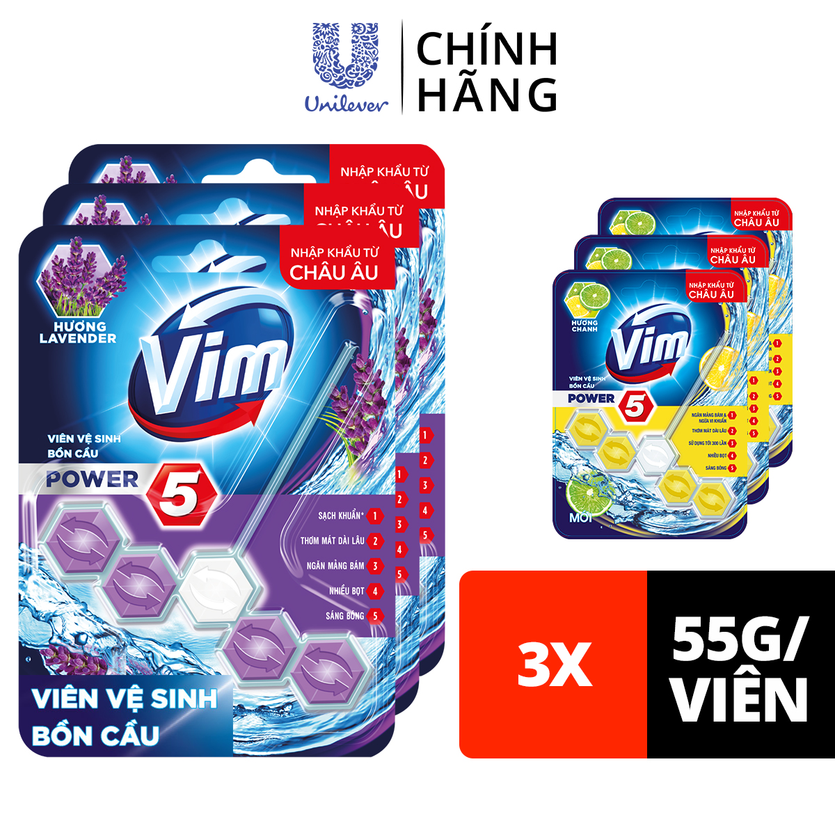 Combo Viên tẩy bồn cầu 55G x 3 VIM Power 5 hương Oải hương Sạch Khuẩn Thơm Mát suốt 30 ngày