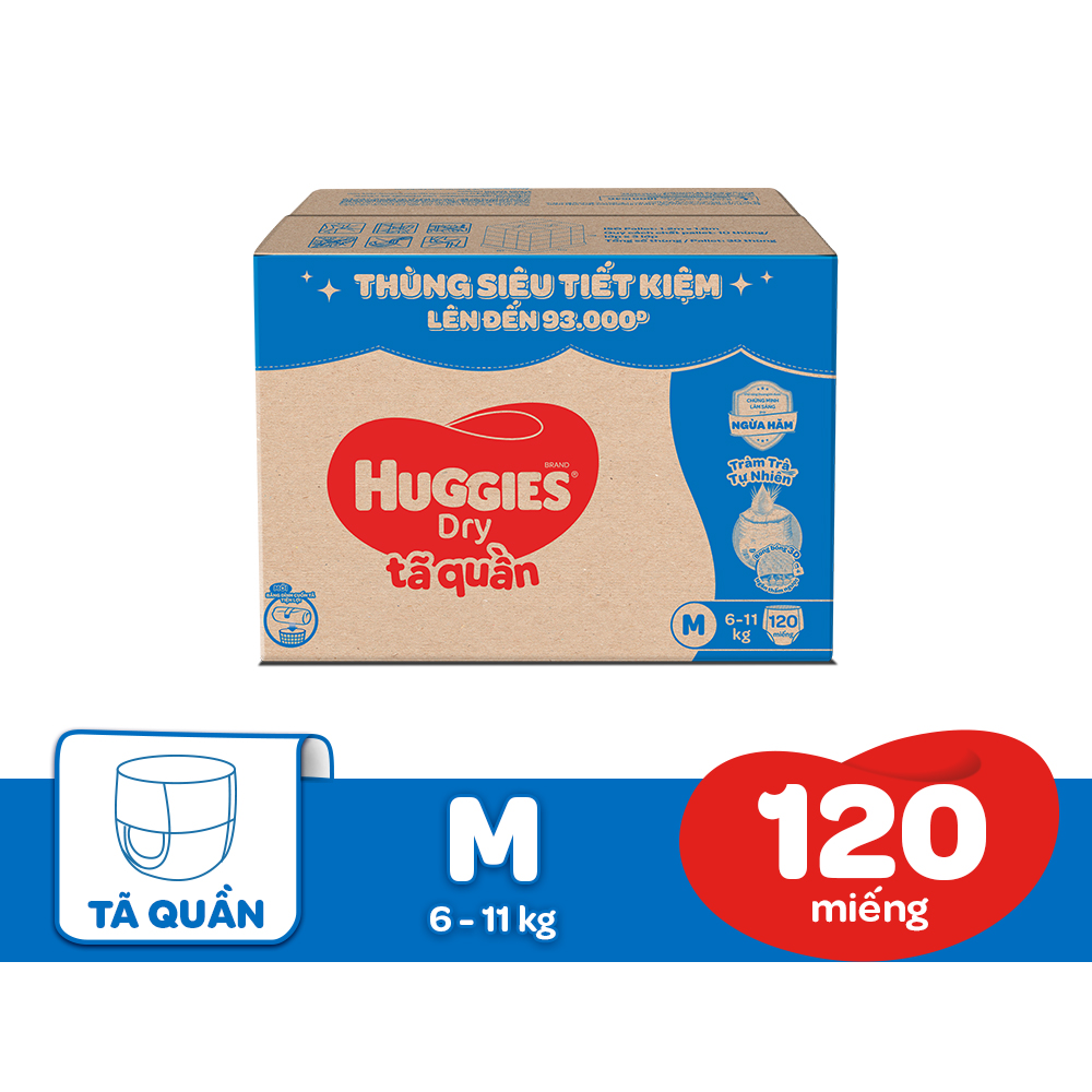 Thùng Tã quần Huggies Tràm Trà Tự Nhiên Dry Pants Mega Jumbo M120/L104/XL88/XXL80