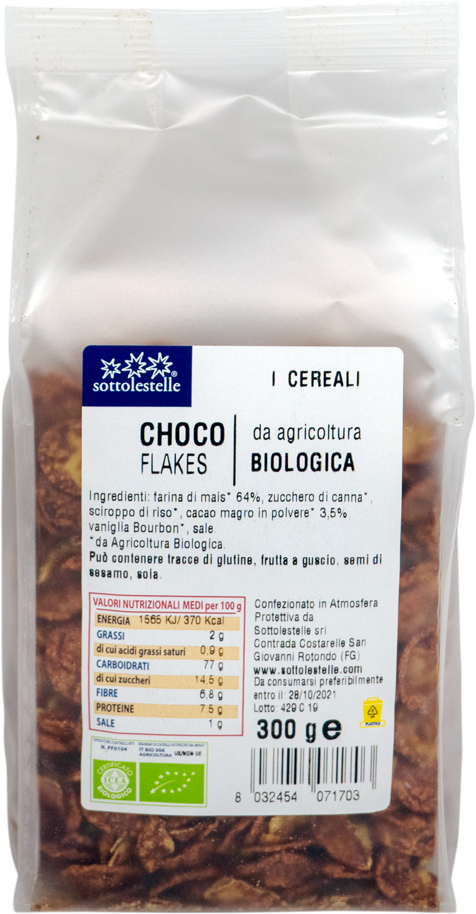 Ngũ cốc hữu cơ bắp ngô socola Sottolestelle 300g Organic Choco Flakes