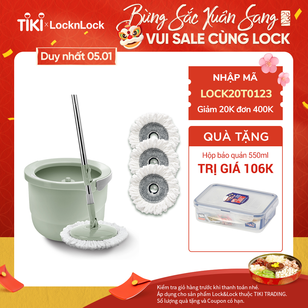 Bộ cây lau nhà Lock&amp;Lock Mini Spin Mop &amp; 4 bông lau sàn ETM498MITS2 - Màu xanh mint