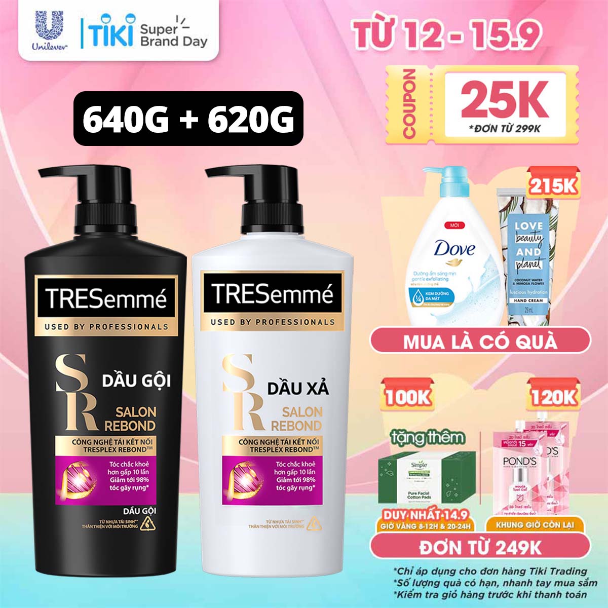 Combo Dầu gội &amp; Dầu xả TRESEMME Salon Rebond dưỡng tóc hư tổn Với Công nghệ Tái kết nối Keratin ngăn gãy rụng đến 98% 640g + 620g