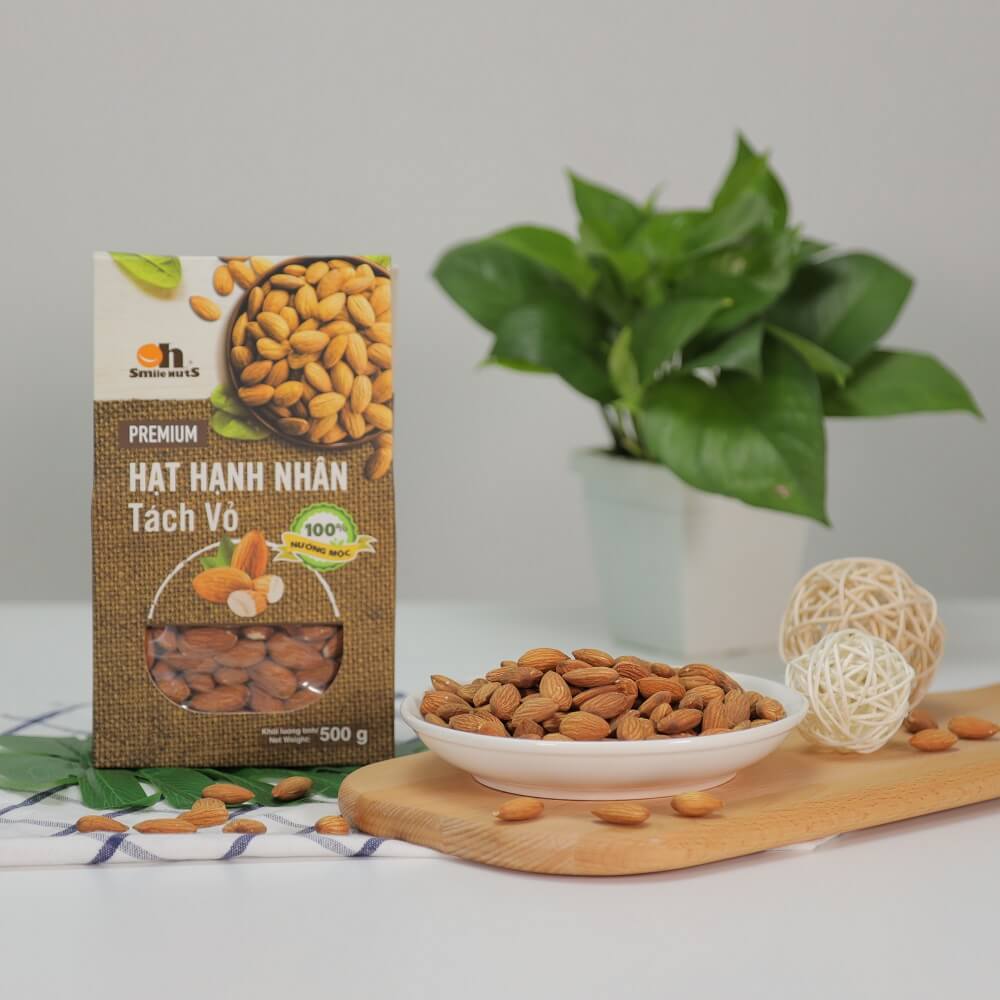 Hạt Hạnh Nhân Tách Vỏ Nướng Mộc Smile Nuts Hộp Giấy 500g - Hạnh nhân nhập khẩu từ Mỹ, nướng mộc giòn rụm, thơm ngon