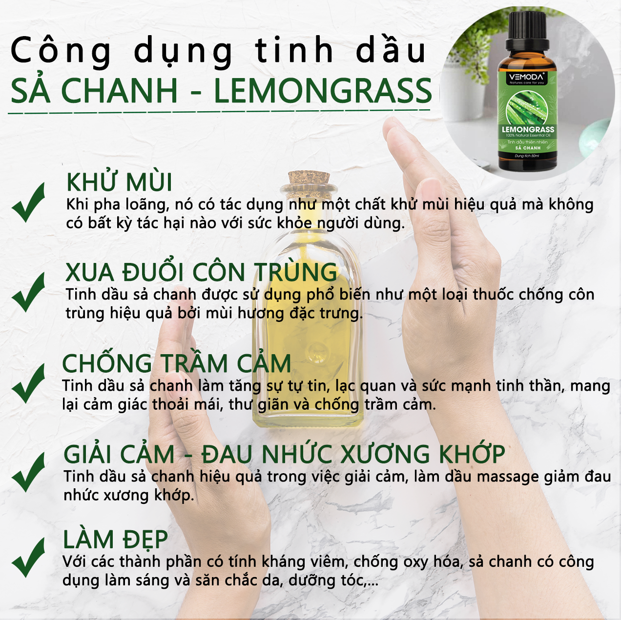 Tinh dầu Sả chanh cao cấp 50ML Lemongrass. Tinh dầu xông phòng Vemoda giúp thanh lọc không khí, khử mùi, kháng khuẩn, đuổi muỗi, giải cảm, làm đẹp. Tinh dầu thiên nhiên sả chanh