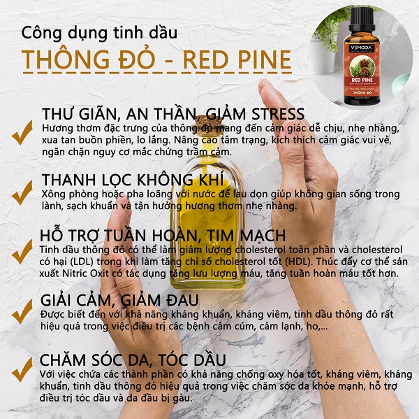 Tinh dầu Thông đỏ cao cấp. Redpine Essential Oil 50ML. Tinh dầu xông phòng giúp thư giãn, giảm căng thẳng, khử mùi, thanh lọc không khí, giữ ấm, giảm ho.Tinh dầu thơm phòng cao cấp Vemoda