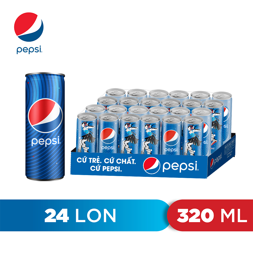 Thùng 24 Lon Nước Ngọt Có Gaz Pepsi lon xanh (320ml/lon)