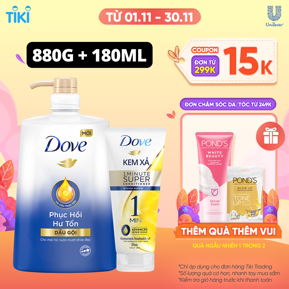 Combo Dầu gội và Kem xả DOVE Dưỡng ẩm dưỡng tóc khỏe đẹp 880g, 180ml