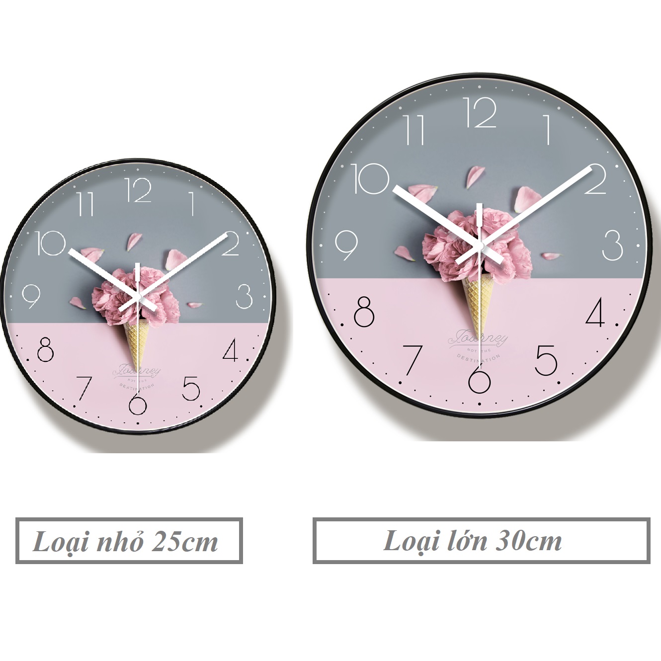 Đồng hồ treo tường kim trôi phong cách Bắc Âu - hình kem hoa hồng - Tặng kèm Pin và Đinh Treo Thông Minh