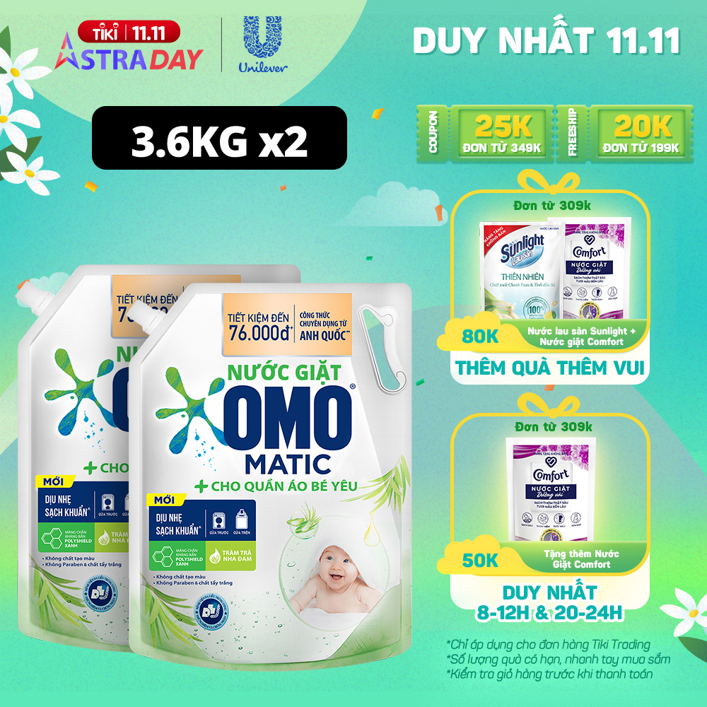 Combo 2 TúI Nước Giặt Omo Matic Cho Quần Áo Bé Yêu Chiết Xuất Tràm Trà Và Nha Đam Dịu Nhẹ, Sạsh Khuẩn , túi 3.6Kg