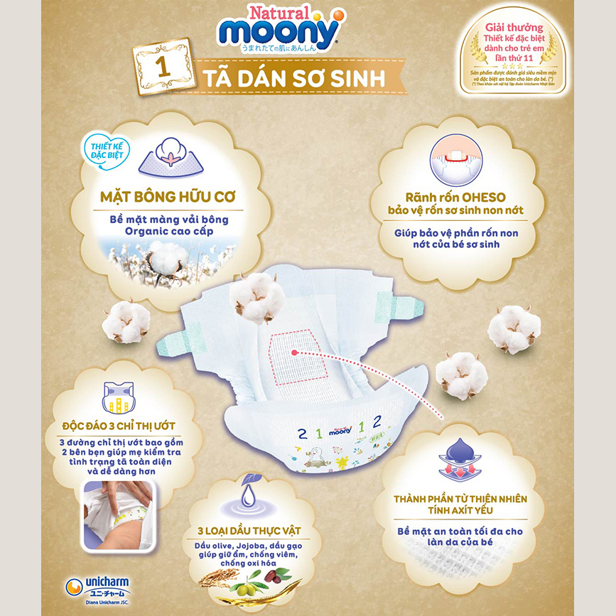 Gói bỉm bông moony natural sz newborn