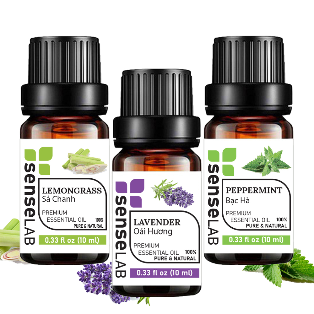 Combo 3 Tinh dầu SENSELAB nhập khẩu Ấn Độ: Tinh Dầu Sả Chanh  + Tinh Dầu Oải Hương  + Tinh Dầu Bạc Hà  - Tinh dầu thiên nhiên nguyên chất