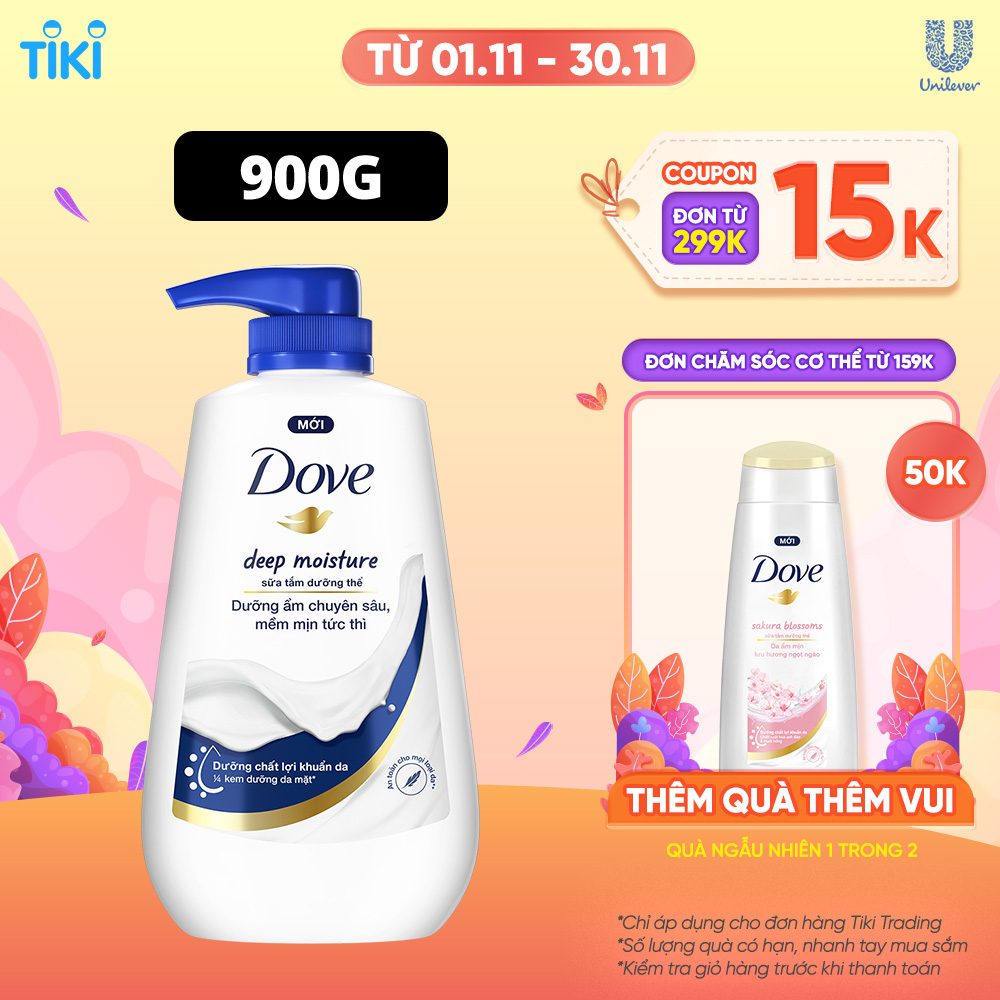 Sữa tắm dưỡng thể Dove Deep Moisture Dưỡng ẩm chuyên sâu với dưỡng chất lợi khuẩn da 900g