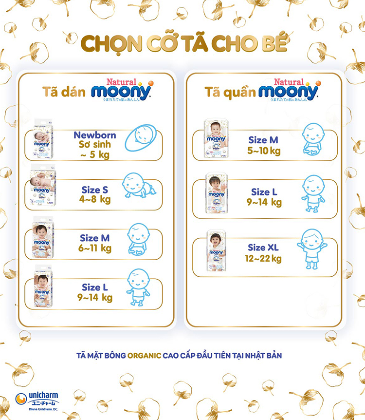 Tã/Bỉm dán Moony Natural Size NB- 63 miếng( bé< 5kg)