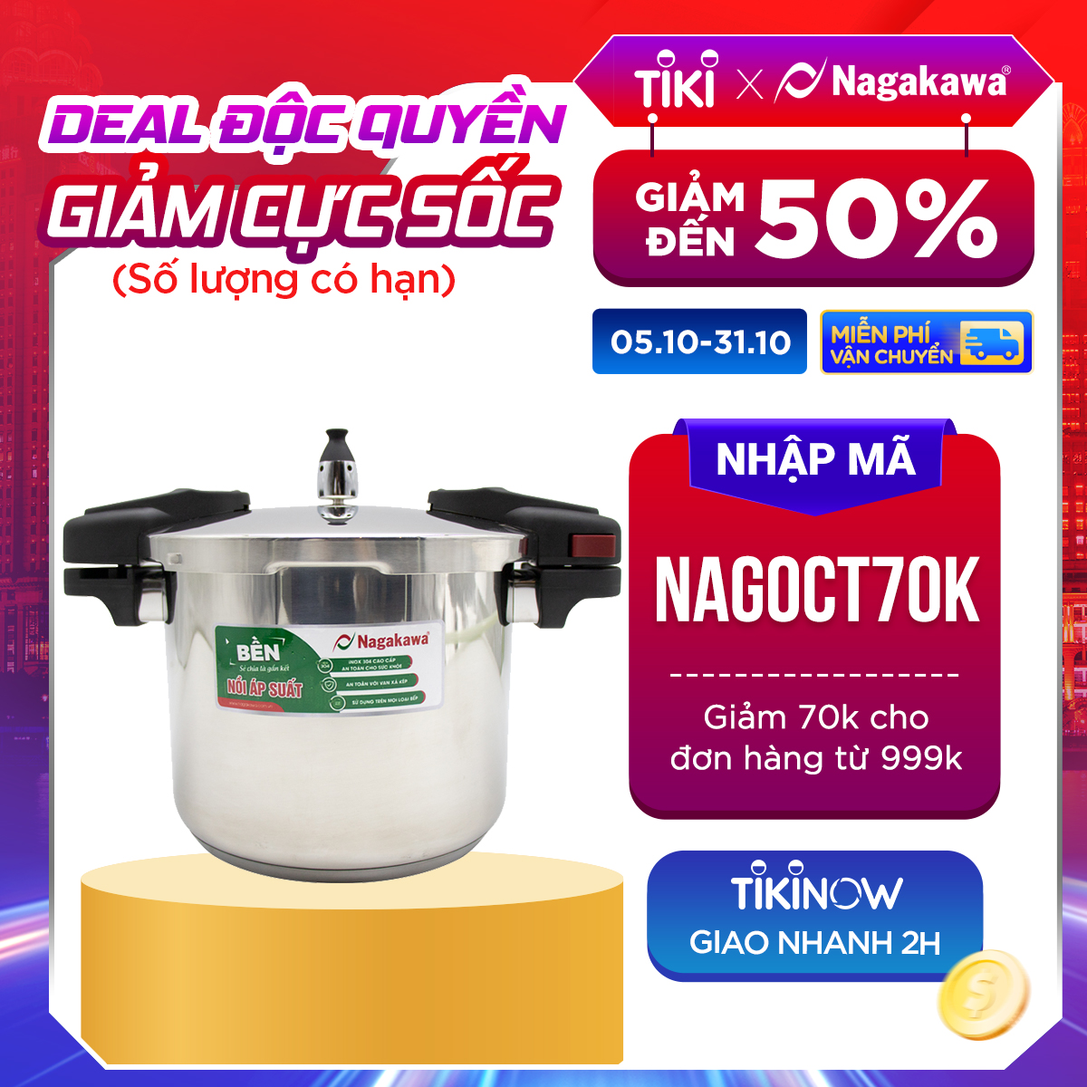 Nồi Áp Suất Cơ Inox Cao Cấp Đáy Từ Nagakawa NAG1452 (5L) - Dùng Trên Mọi Loại Bếp - Hàng Chính Hãng