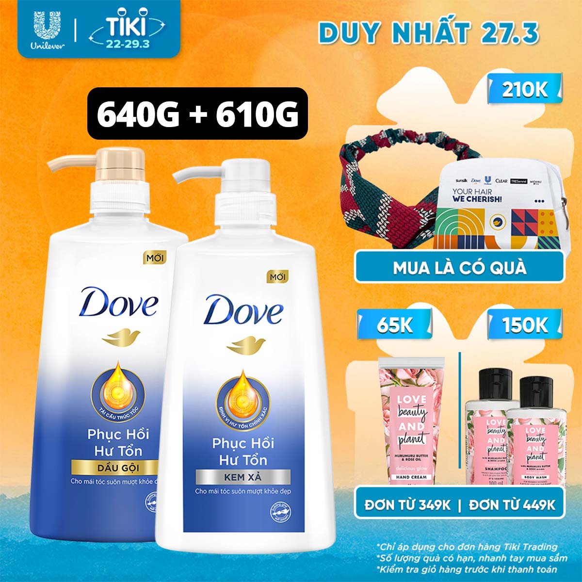 Combo Dove Phục Hồi Hư Tổn Dầu Gội 640g + Kem Xả 610g