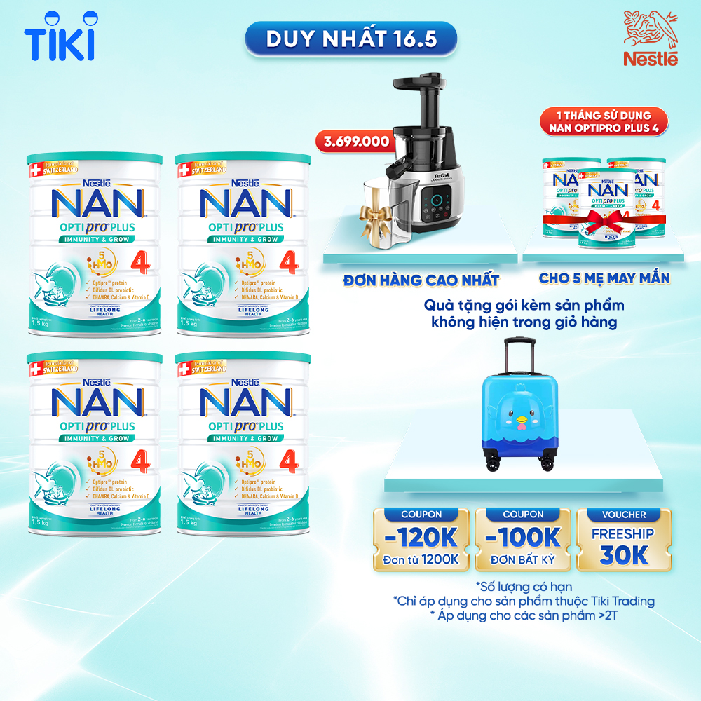 Bộ 4 lon Sữa bột Nestlé NAN OPTIPRO PLUS 4 1500g/lon với 5HMO Giúp tiêu hóa tốt + Tăng cường đề kháng (2 - 6 tuổi) + Tặng Vali Hình Thú