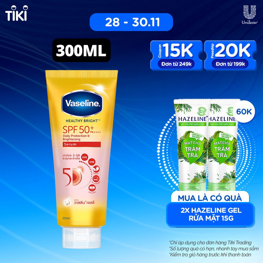 Serum chống nắng cơ thể Vaseline 50x bảo vệ da với SPF 50+ PA++++ giúp da sáng hơn gấp 2X 300ML