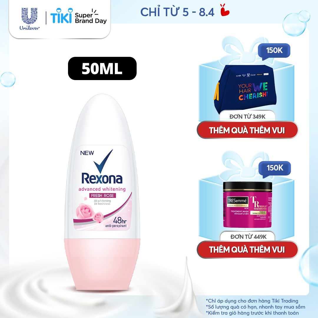 Lăn khử mùi Rexona Whitening Fresh Rose dưỡng sáng tự nhiên hương hoa hồng dành cho nữ, 50ml