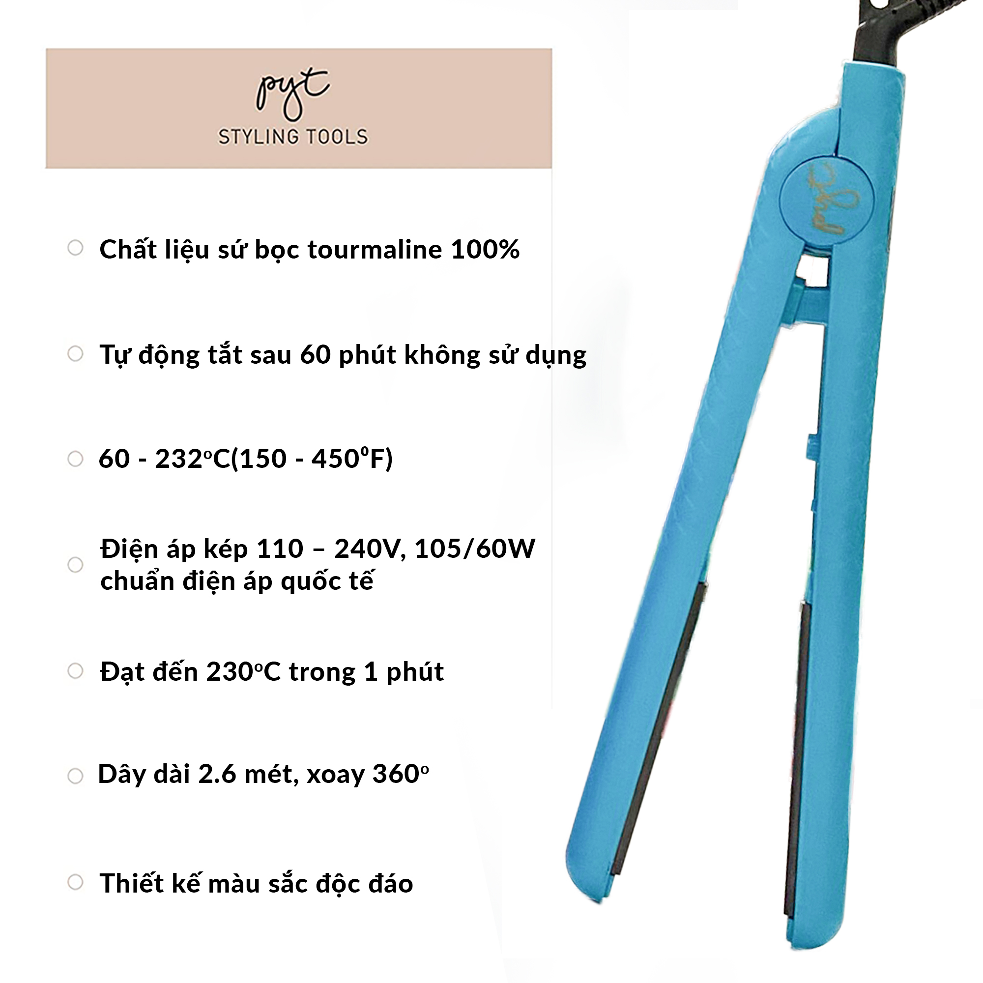 Máy Kẹp Tóc Bằng Sứ PYT Ceramic Styling Tool (2 trong 1) Màu Xanh Ngọc - Có Thể Duỗi, Uốn Lọn Hoặc Uốn Cúp