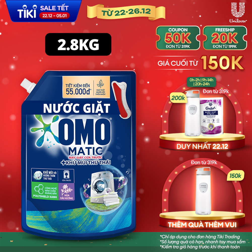 Túi Nước Giặt Omo Matic Cho Máy Giặt Cửa Trước Hương Lavender Khử MùI Thư TháI 2.8Kg