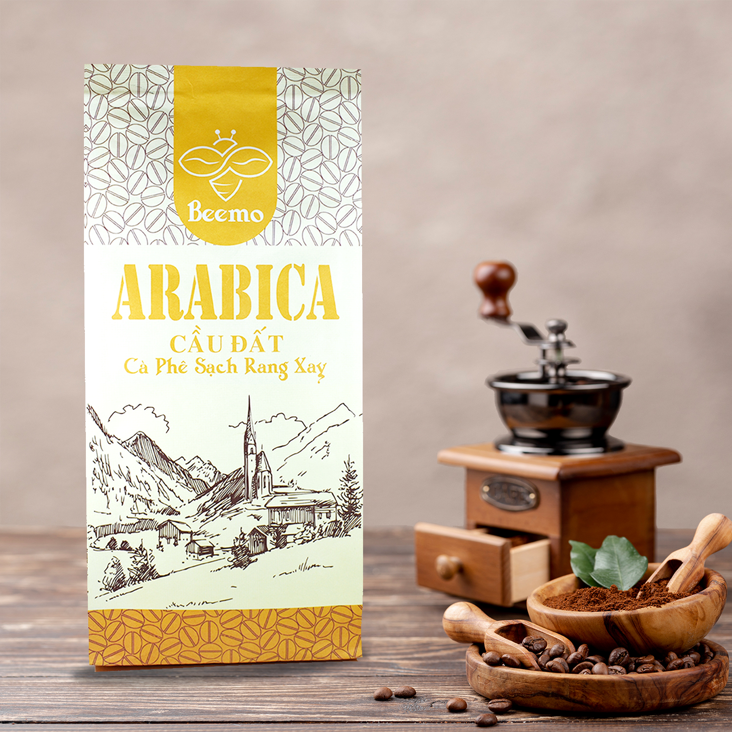 Cà phê nguyên chất Arabica Cầu Đất, cafe mộc rang xay Beemo 500g - Đắng ít, chua thanh, thơm, hậu vị ngọt