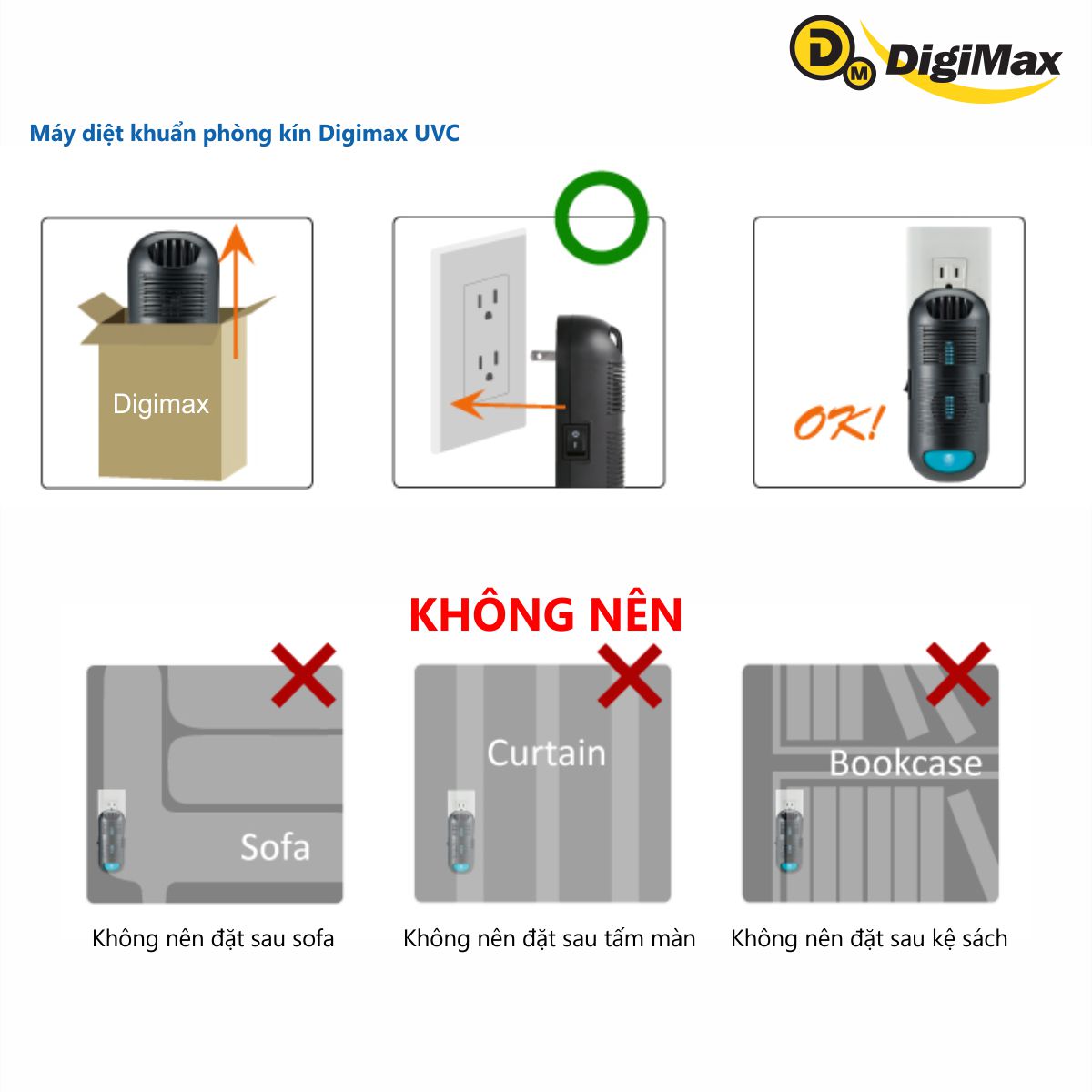 Máy diệt khuẩn phòng kín Digimax UV-C, 30-50m2, 24/7, 10.000hr, AC 220V - Hàng Chính Hãng