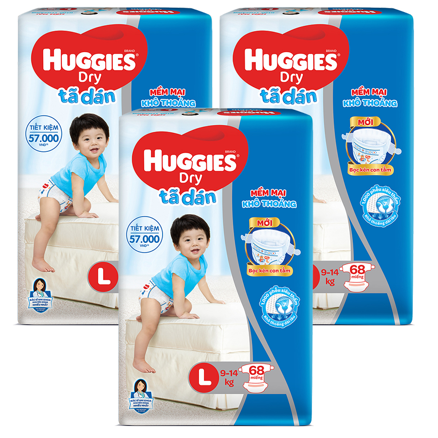 Combo 3 Gói Tã Dán Huggies Dry Gói Cực Đại L68 (68 Miếng) - Bao Bì Mới