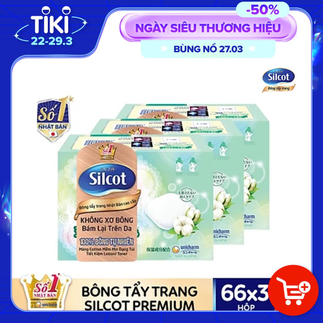 Bộ 3 Hộp Silcot Bông Trang Điểm (bông tẩy trang) Nhật Bản Cao Cấp (66 Miếng/Hộp)