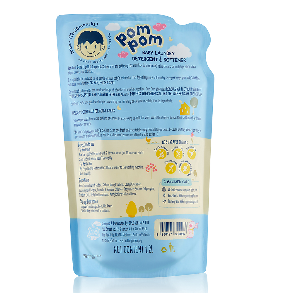 Nước Giặt Xả Pom Pom Active chuyên biệt dành cho bé năng động (12 – 36 tháng) - Túi 1.2L