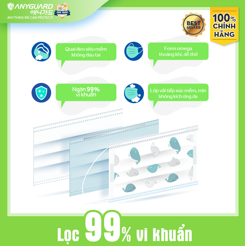 Khẩu Trang Trẻ Em Anyguard Hàn Quốc 3 Lớp Chính Hãng (Cỡ Lớn Cho Bé Dưới 13Tuổi - Hộp 50 Chiếc)-베이비 마스크 - Face Mask For Kids Under 13 yearsold-ISO 9001:2015, ISO 13485:2016, QCVN 01:2017/BTC