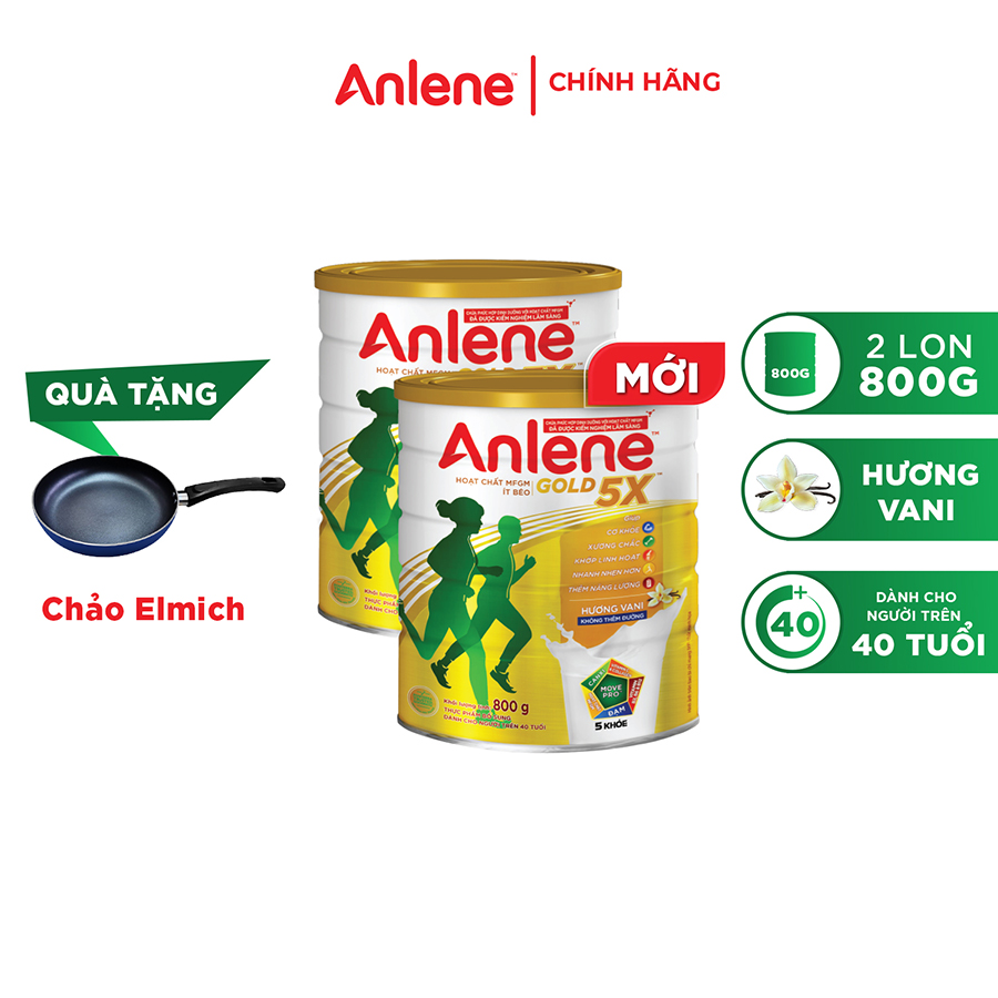 Combo 02 Sữa Bột Anlene Gold 5X Hương Vanilla (Hộp Thiếc 800g) - Tặng chảo Elmich