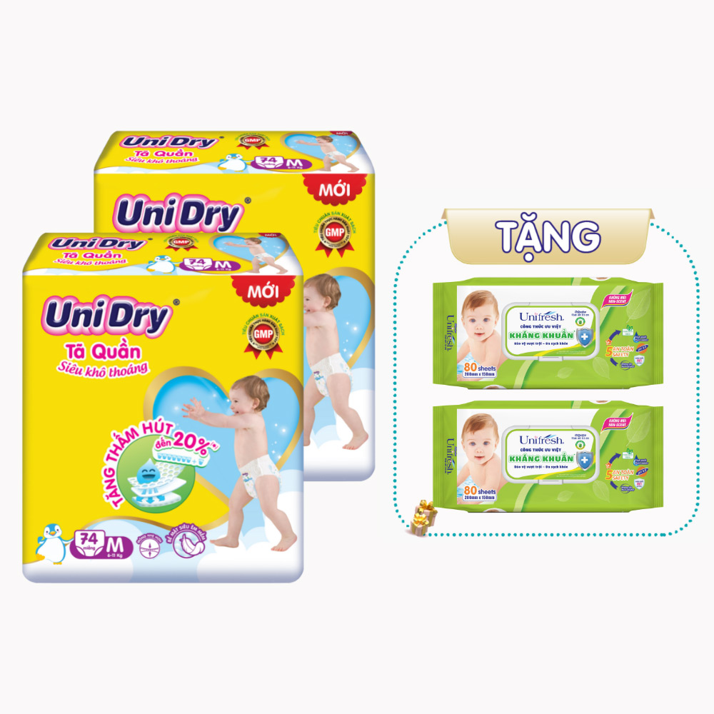 Combo 2 tã quần em bé siêu khô thoáng UniDry - Tặng 2 gói khăn ướt Unifresh Aloevera 80M