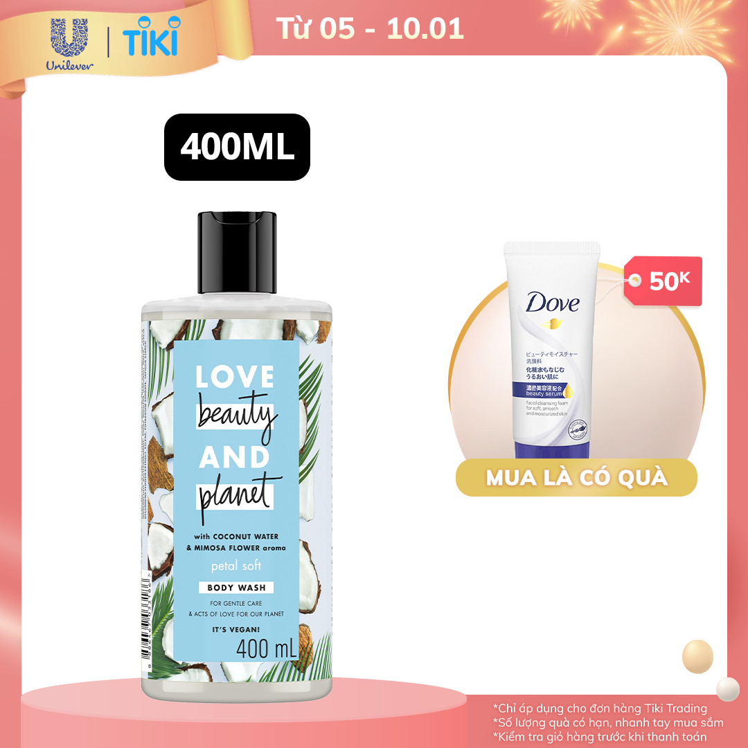 Sữa tắm LOVE BEAUTY &amp; PLANET Chăm da mềm mịn mềm mịn với 100% Dừa tươi organic từ thiên nhiên 400ml