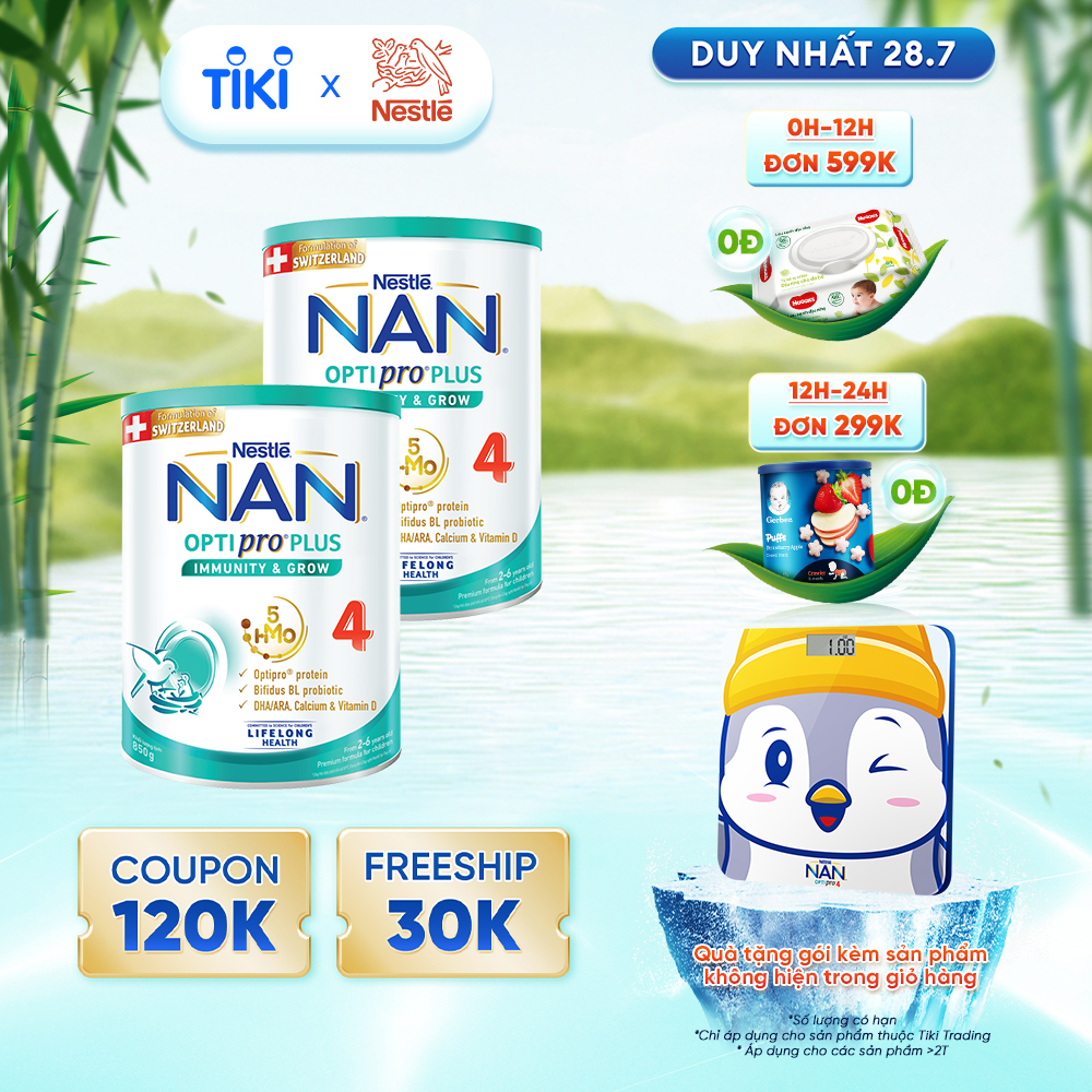 Combo 2 Sản Phẩm Dinh Dưỡng Nestlé NAN OPTIPRO PLUS 4 850g/lon với 5HMO Hỗ trợ Đề Kháng - Tiêu Hóa - Trí Não &amp; Chiều Cao Dánh cho bé từ 2 - 6 tuổi  - Tặng Cân điện tử