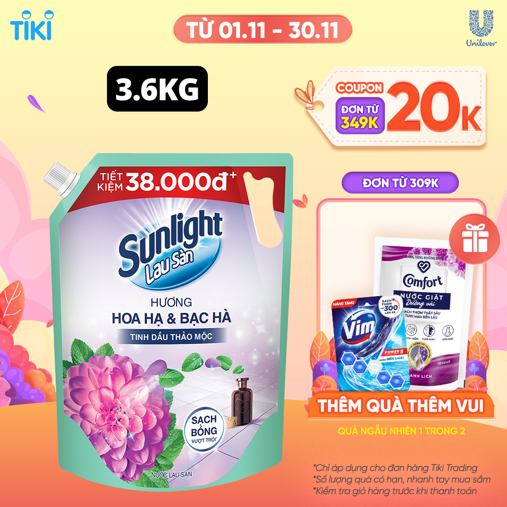 Nước Lau Sàn Sunlight Tinh Dầu Thảo Mộc - Hương Hoa Hạ Bạc Hà Túi 3.6KG - Hoa Hạ &amp; Bạc Hà