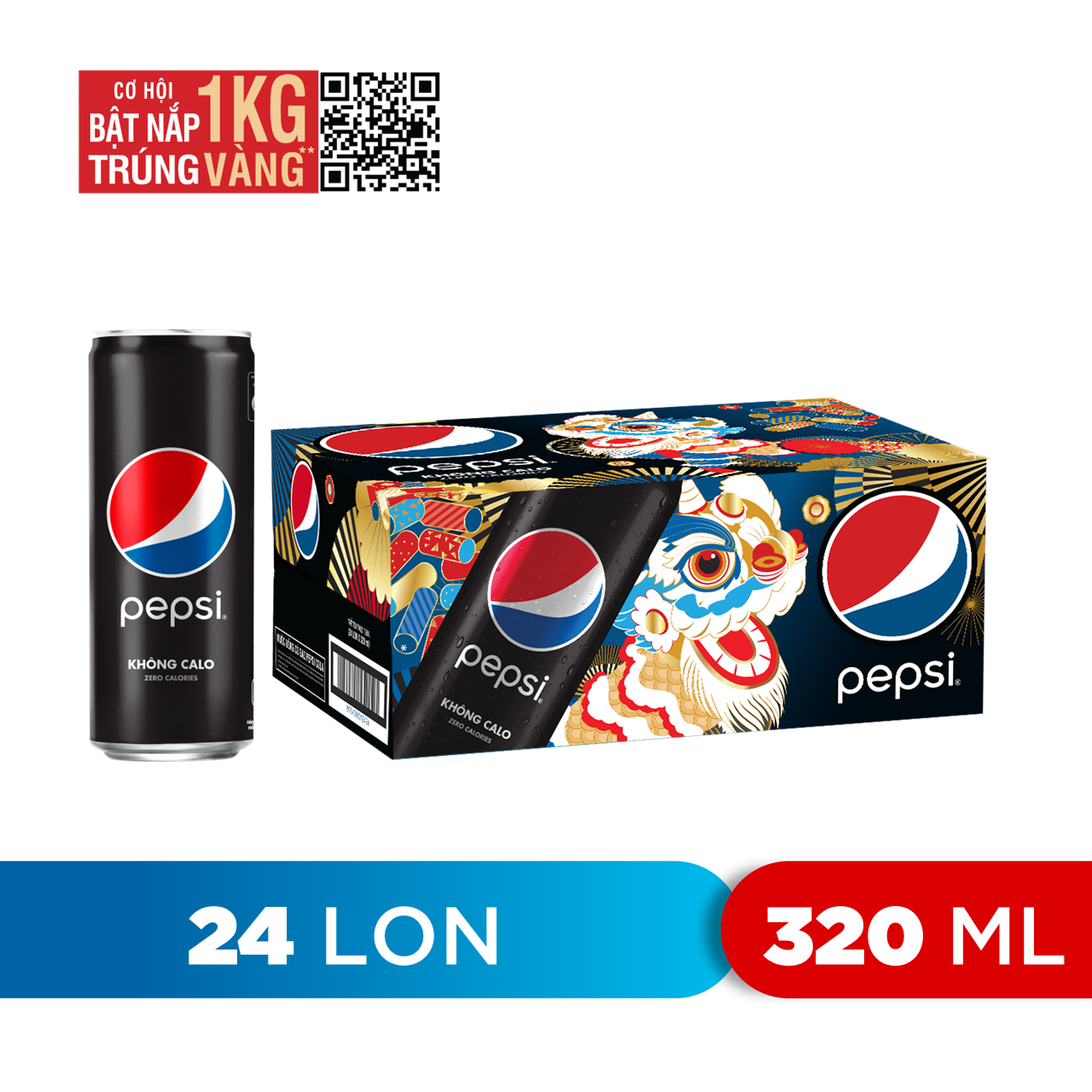 Thùng 24 Lon Nước Uống Có Gaz Pepsi Không Calo (320ml/Lon)