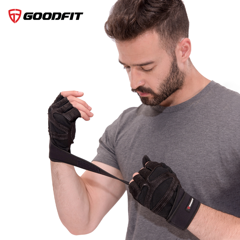 Găng tay tập gym nữ/nam hở ngón, bao tay tập Gym nữ/nam có quấn trợ lực cổ tay, đệm Silicone chống trượt GoodFit GF201G