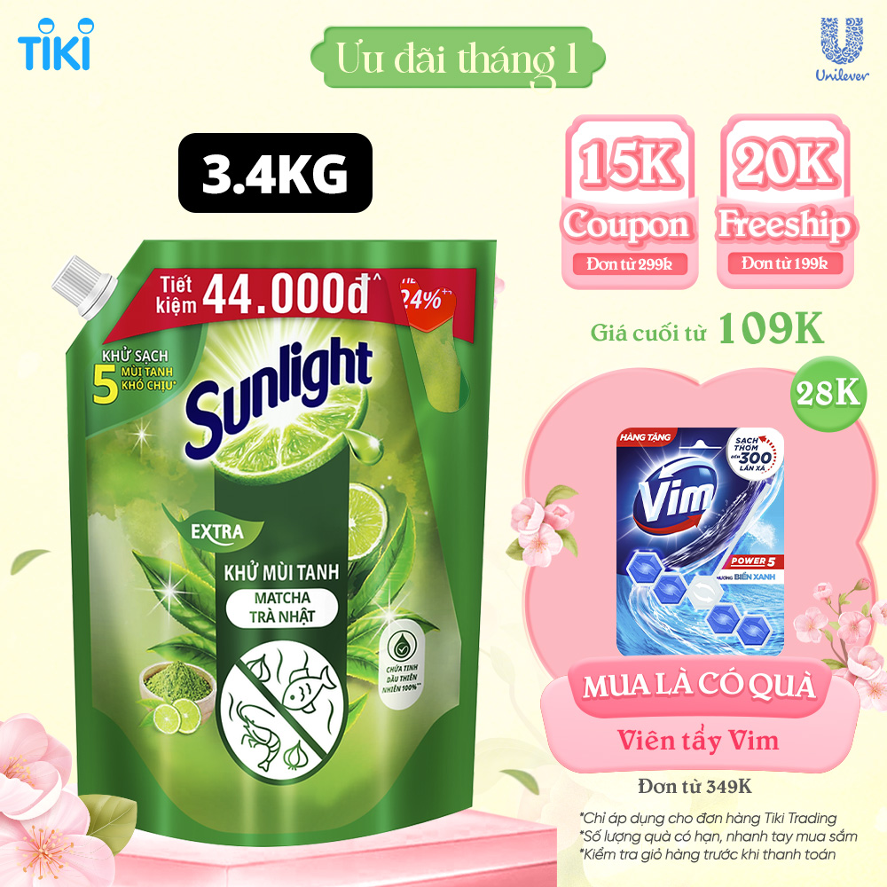 Nước rửa chén Sunlight Bio-care Thiên Nhiên 100% Gốc thực vật - Hương Matcha Trà Nhật Túi 3.4kg
