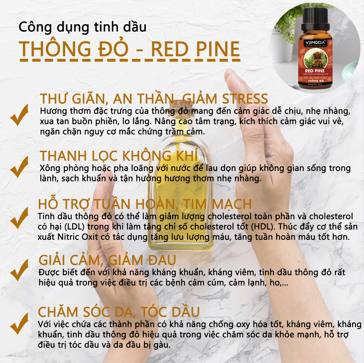 Tinh dầu Thông đỏ cao cấp. Redpine Essential Oil 10ML. Tinh dầu xông phòng giúp thư giãn, giảm căng thẳng, khử mùi, thanh lọc không khí, giữ ấm, giảm ho.Tinh dầu thơm phòng cao cấp Vemoda