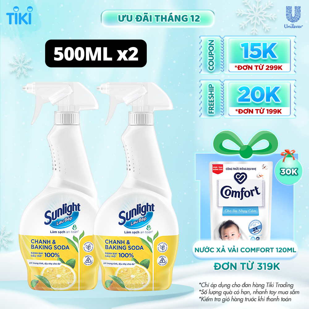 Combo 2 Nước lau bếp Sunlight Chanh &amp; Baking soda | Phiên bản nâng cấp từ Cif | Đánh bay 100% dầu mỡ | Chai 500ml